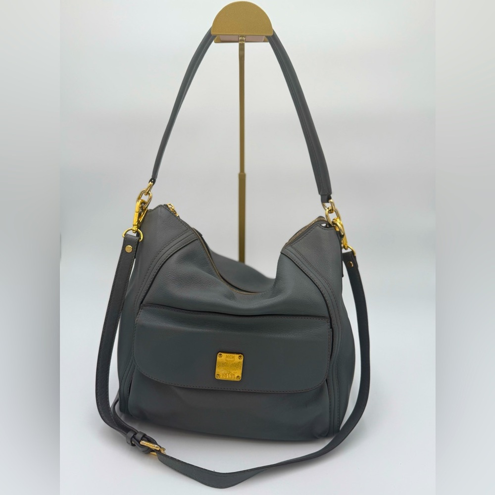MCM Germany Leather Shoulder Bag in Blue Gray